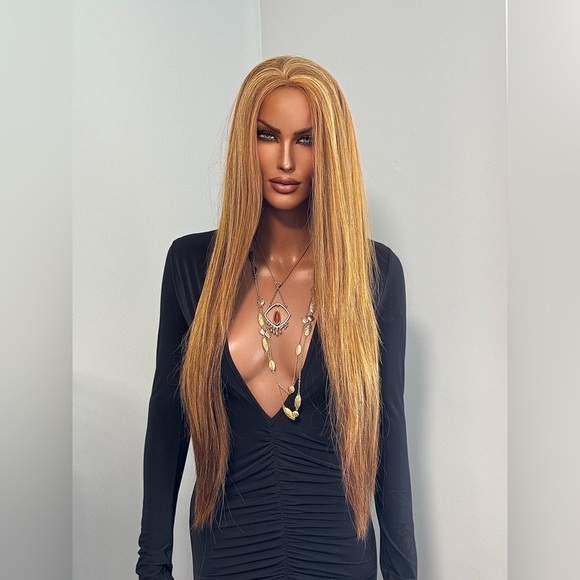 Blonde Red Copper Highlight Lowlight Human Hair Blend Lace Front Heat Safe Wig - Picture 5 of 16